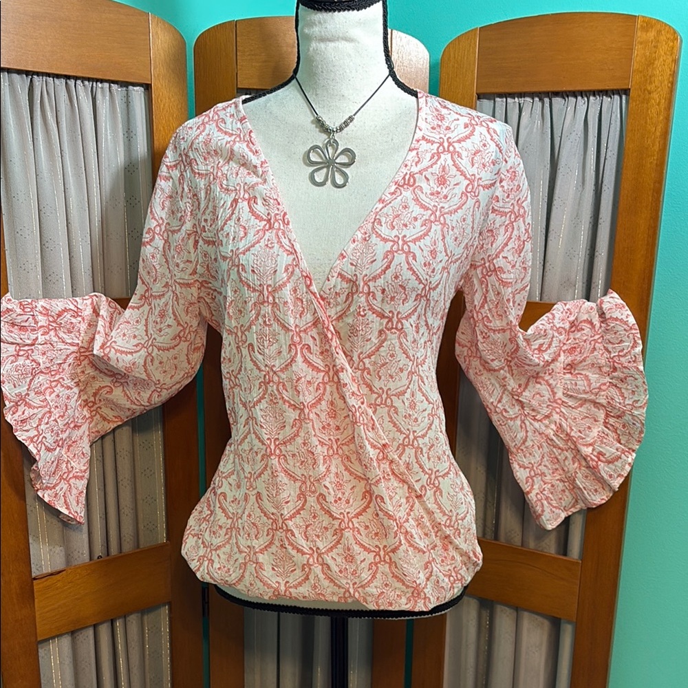Love Stitch Ruffled Bell Sleeve Wrap look Top in Pink and White